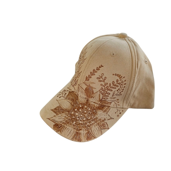 Hand Burned Floral Baseball Cap, Faux Suede. Unique - Picture 2 of 6